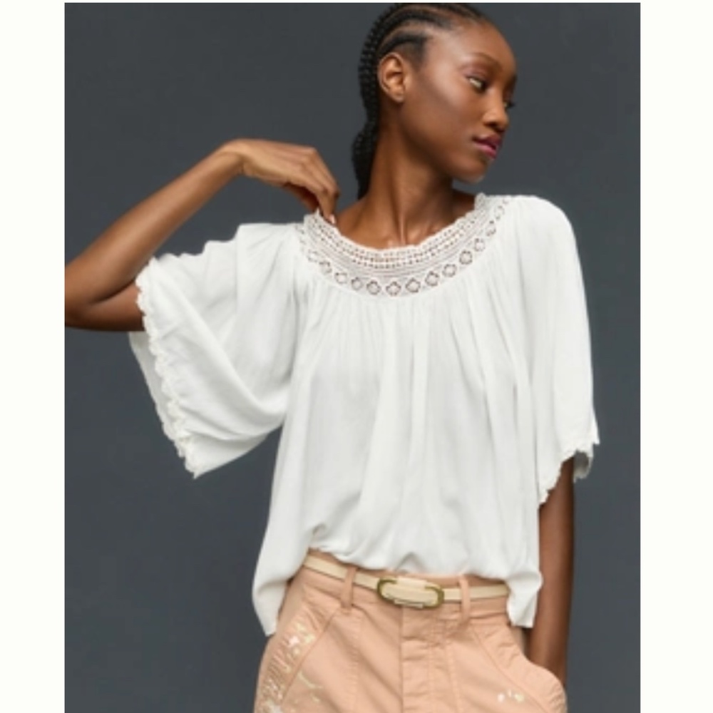 Anthropologie White Gauzy Swing Top Crochet Trim Boho Blouse Size Medium